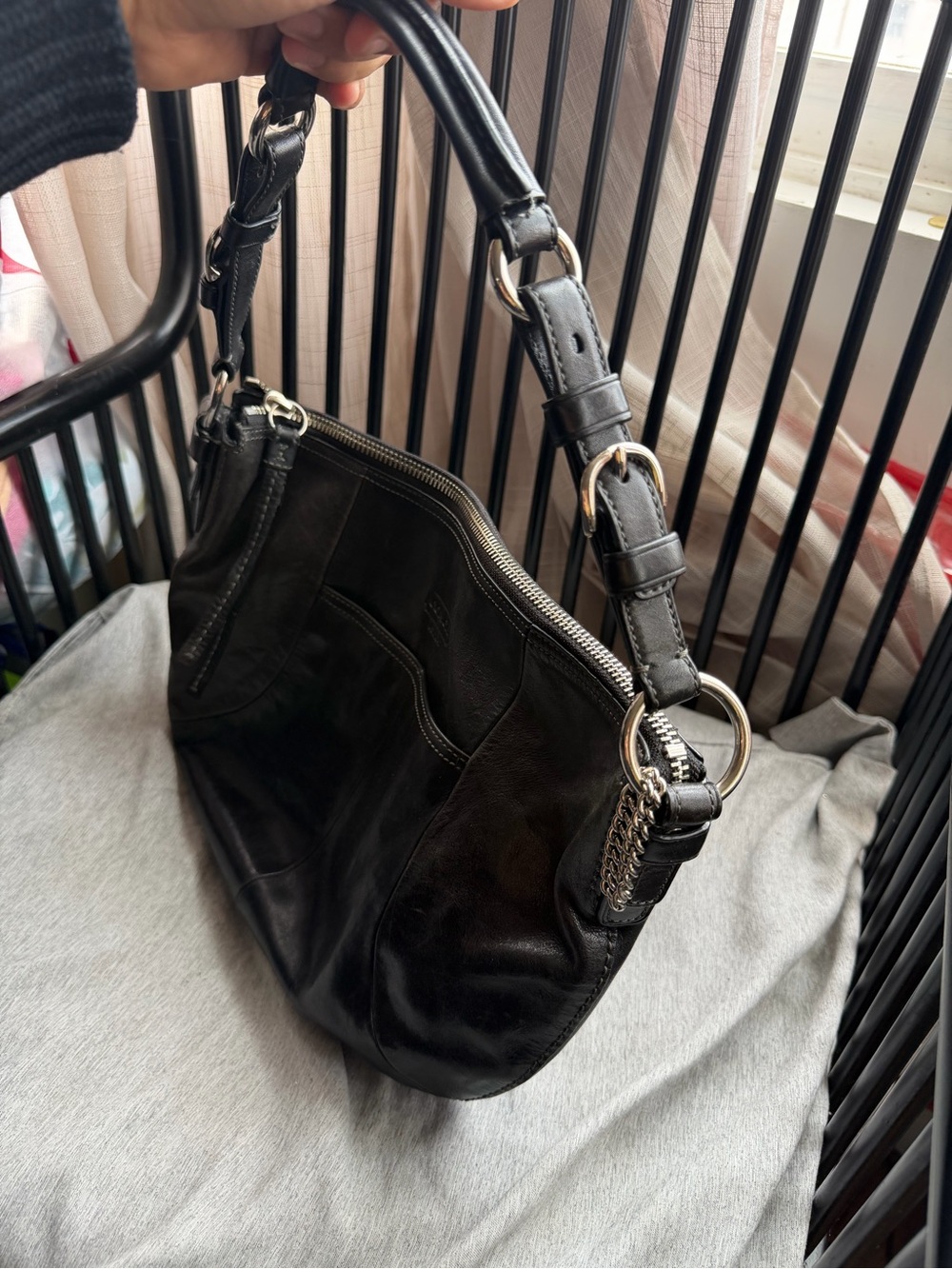 Coach Black Leather Hobo Shoulder Bag with Silver Hardware - Picture 6 of 9